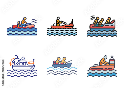 Vector icon set of water sports, leisure activities, boating, and recreation