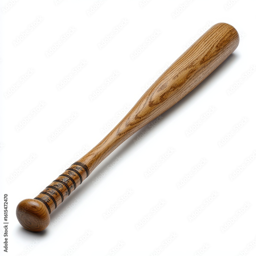 Wooden baseball bat with textured grip displayed at an angle on white background sports equipment athletic Wooden baseball bat with textured grip displayed at an angle on white background sports equipment athletic