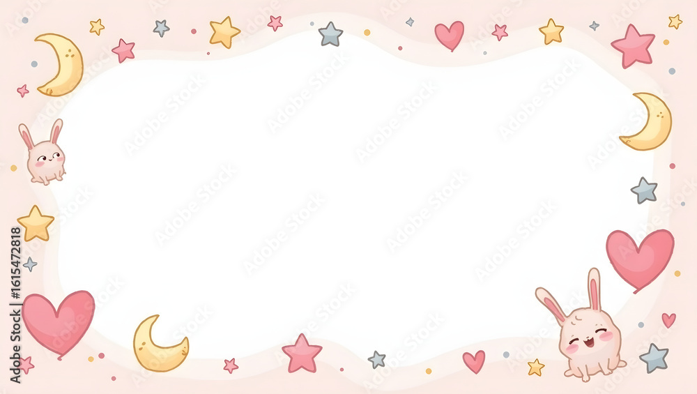 Sweet dreams nursery frame background with cute cartoon bunnies, stars, and hearts. A whimsical pastel illustration for babies.