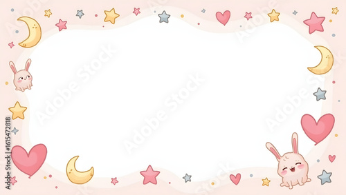 Sweet dreams nursery frame background with cute cartoon bunnies, stars, and hearts. A whimsical pastel illustration for babies.