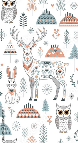 Charming nordic forest animals and folk art inspired winter woodland scene