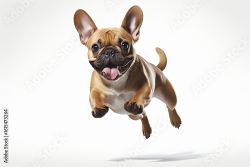Playful French bulldog joyfully leaps in dynamic studio shot, showcasing its energetic and lively nature against clean white background