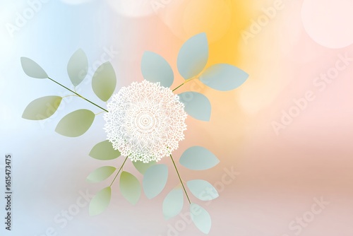 Decorative floral composition with white mandala texture and pastel leaves in bokeh background for template.