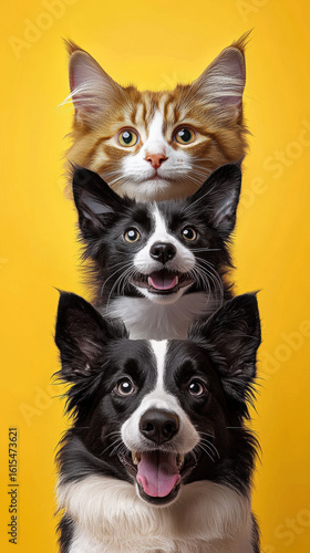 Three adorable pets, cat and two dogs, are stacked vertically against vibrant yellow background, showcasing their playful and cheerful expressions