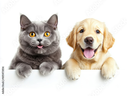 Gray British shorthair cat and golden retriever puppy with joyful expressions peek over white surface, showcasing their playful and friendly nature
