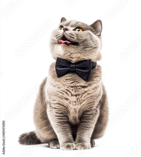 British Shorthair cat with bow tie sits with its tongue out, looking playful and elegant against white background. cat fur is plush and its expression is charming