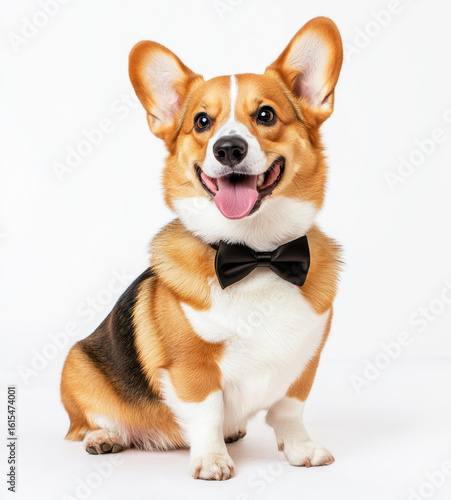 Cheerful Corgi dog with bow tie sits happily, tongue out, against white background. dog playful expression and elegant accessory create charming and delightful scene