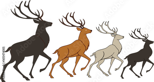 Vector art of a group of four deer with large antlers walking in a row, creating a natural wildlife scene