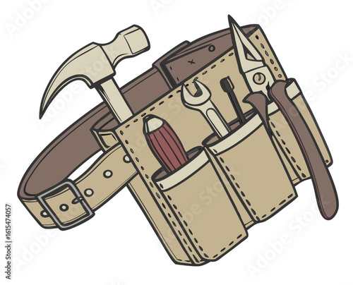 Tool belt with various tools including hammer and pliers  on a transparent background