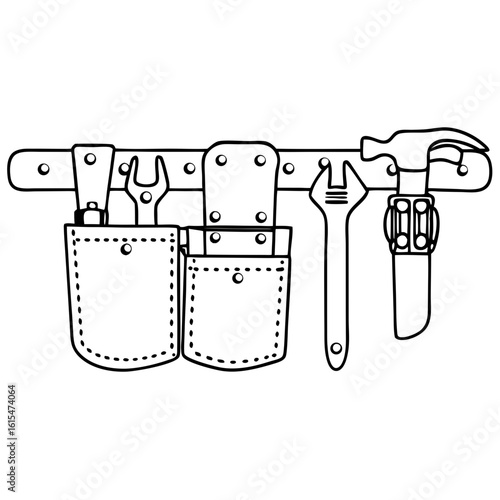 Tool belt with various tools hanging on wooden peg  on a transparent background