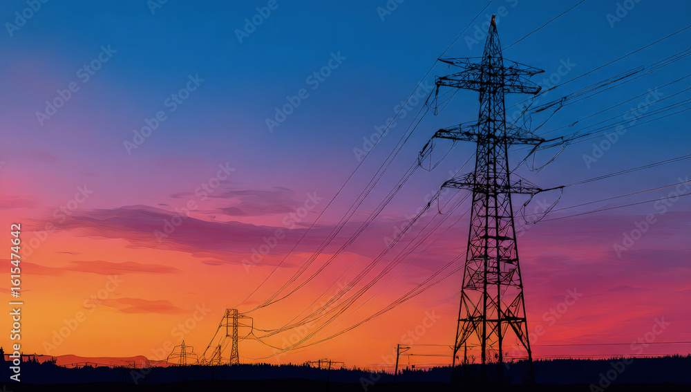 Fototapeta premium Neon Sunset Grid A Futuristic Energy Landscape (1)