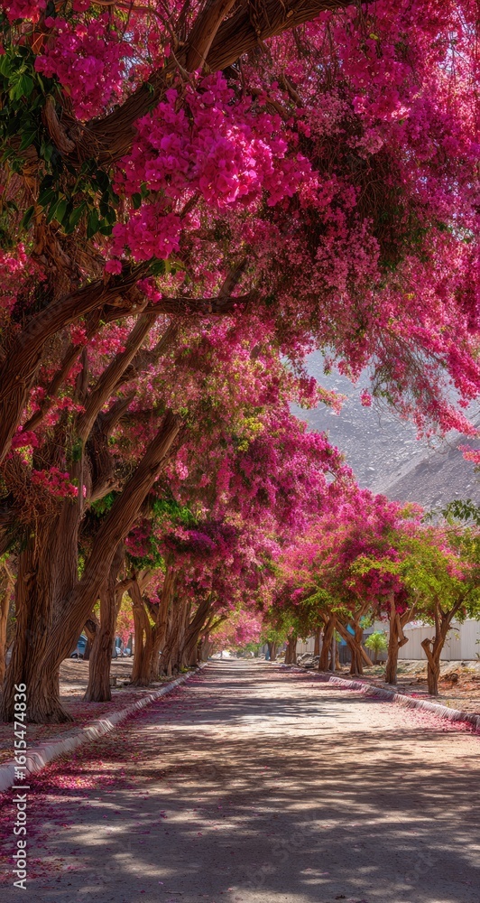 Naklejka premium A vibrant pink bougainvillea-lined avenue