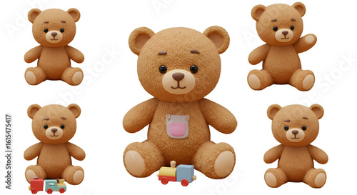 3D Rendered Teddy Bear Toys in Brown Plush Isolated on Transparent Background