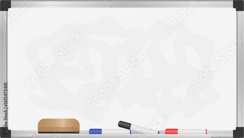 Minimal flat design of a whiteboard with red, blue, and black markers plus eraser. Great for use as an office or learning background element.
