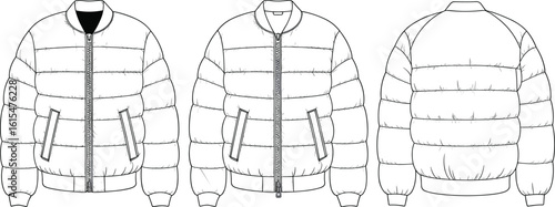 Men’s padded bomber jacket with slanted welt pockets, ribbed collar, cuffs, hem, front zipper closure, CAD flat technical sketch