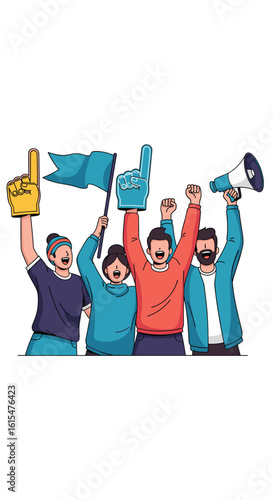 Diverse group of enthusiastic people cheering with foam fingers and flags celebrating a victory together