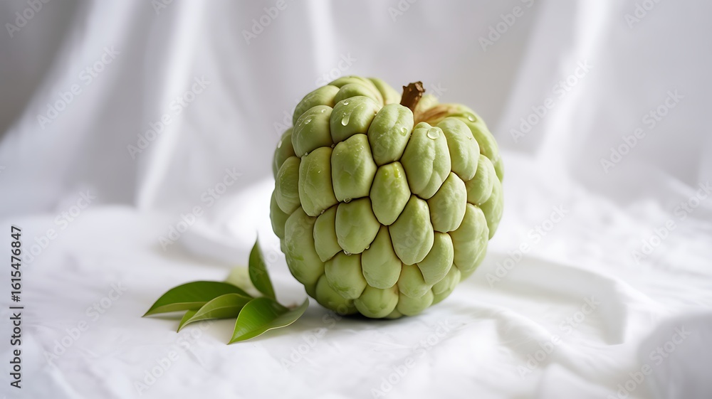 Fototapeta premium Custard apple fruit with green leaves on white fabric background
