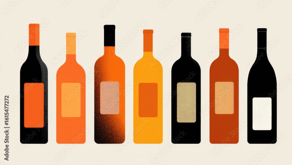 Row of stylized wine bottles in various colors Row of stylized wine bottles in various colors