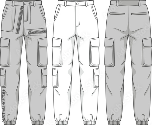 Men’s multi-pocket cargo jogger pants flat sketch with zipper detail, ribbed cuffs, fashion CAD vector for apparel technical design
