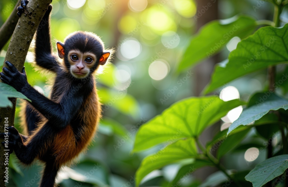 Naklejka premium Baby monkey clings to tree branch in lush green jungle environment with sunlight filtering through leaves