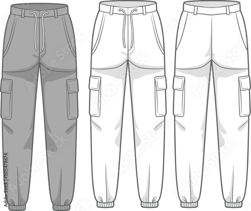 Men’s cargo jogger pants technical flat sketch, vector fashion illustration with drawstring waist, patch pockets, and ribbed ankle cuffs