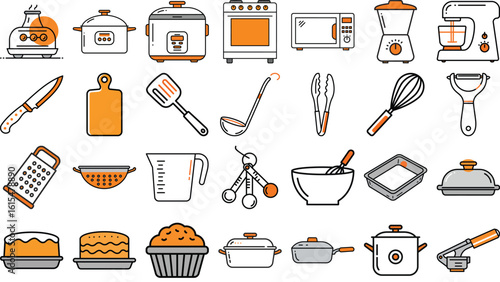 Comprehensive set of kitchen and cooking icons. Culinary equipment and utensil vector illustration collection for food preparation.