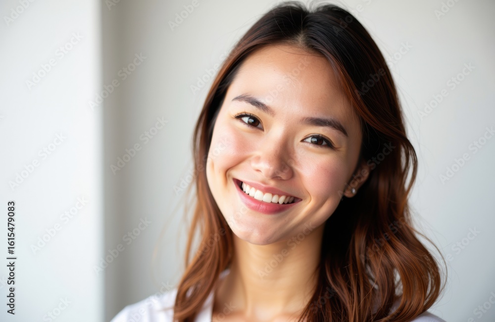 Woman smiling with natural light illuminating her face Woman smiling with natural light illuminating her face