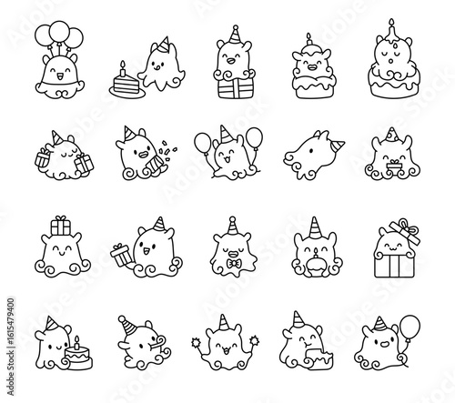 Dumbo octopus birthday kawaii character set with party hat, balloons, cake, candles, gifts, confetti, sparkler and festive elements perfect for your illustration and creative designs projects