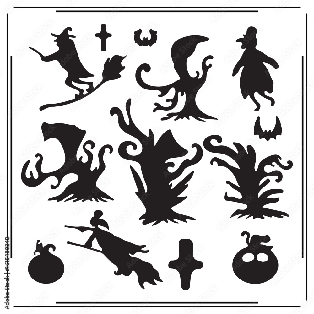 Obraz premium Set of 12 Halloween Icons: Witch Silhouettes, Spooky Trees, Bats, Pumpkins, Ghosts, Crosses, and Other Halloween Symbols for Holiday, Party, and Decoration Designs