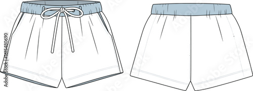 Women's casual drawstring waistband shorts flat sketch, technical vector illustration for fashion design, garment CAD drawing, and apparel template