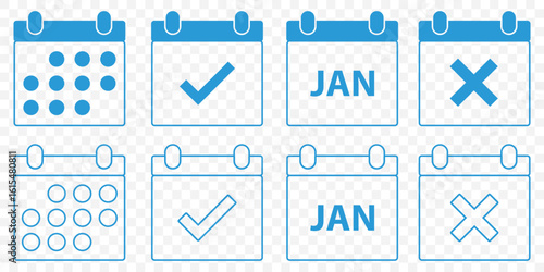Flat Calendar Icons with Checkmarks, Months, and Dates – Multi-Color Design on transparent background. EPS 10.