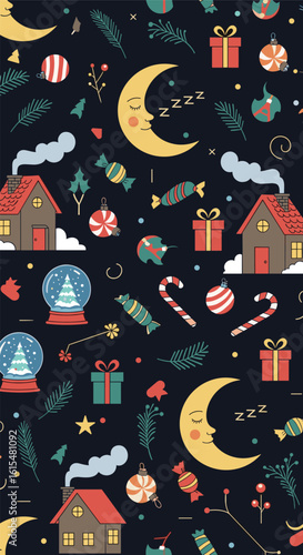 Charming pixel art christmas scene with cozy houses and festive decorations a delightful holiday pattern