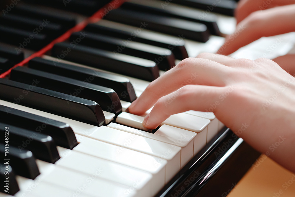 Fototapeta premium Piano Performance, Hands Playing, Indoor Studio, Photograph, Warm Lighting, Close-Up View, Artistry