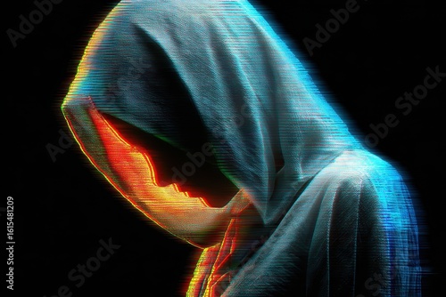Hooded Figure with Glitch Effect