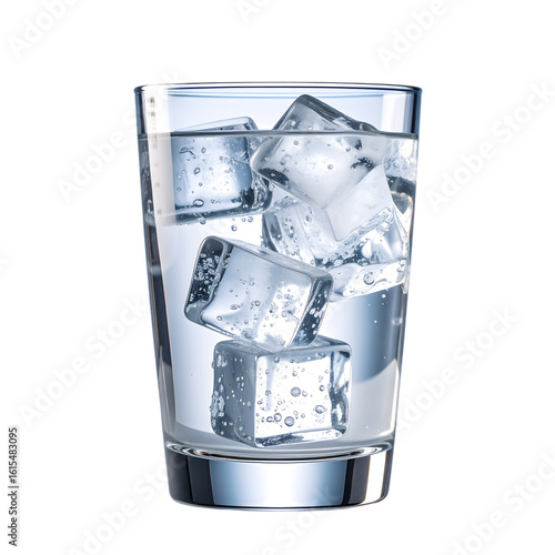 Clear Glass with Ice Cubes and Water on a White Background