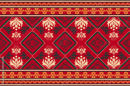 Traditional Thai fabric pattern in red and gold with floral and ornamental motifs. Seamless textile design inspired by classic Thai silk, ideal for wrapping paper, clothing, and cultural decor.