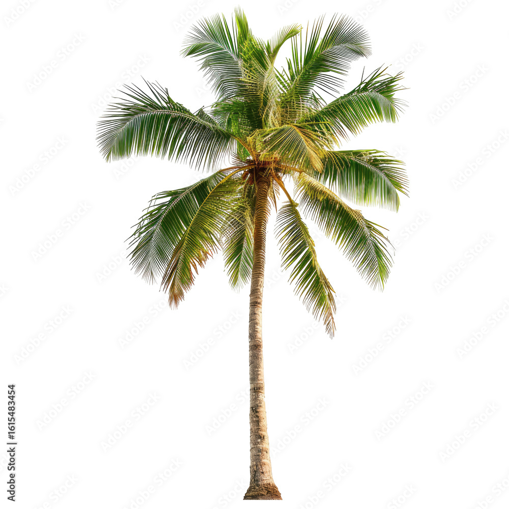 Obraz premium Isolated coconut palm tree. Lush green fronds radiate from a tall, light brown trunk