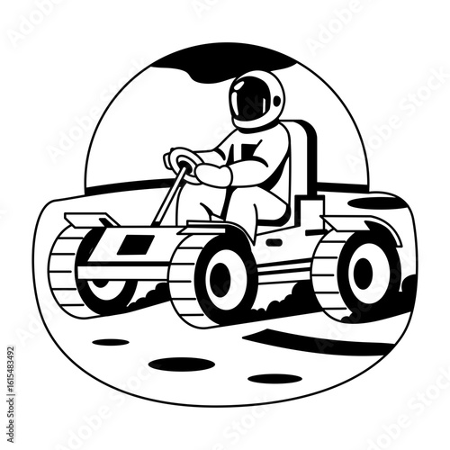 Astronaut character riding a space rover, glyph illustration 