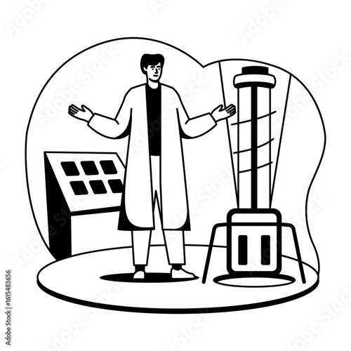 A glyph style illustration of a scientist working in a lab 