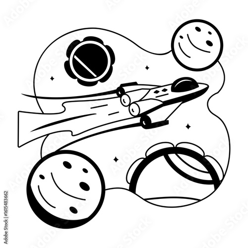 Glyph illustration of a spacecraft flying between the planets 