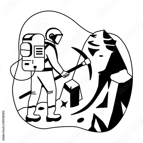 An astronaut doing space mining, glyph style illustration 