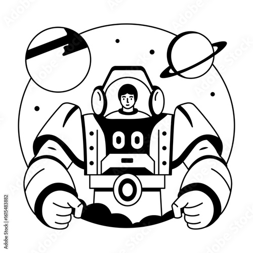 A glyph style illustration of a space pilot wearing astronautic suit 