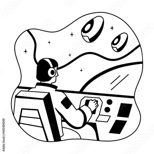 A glyph style illustration of a spacecraft pilot 