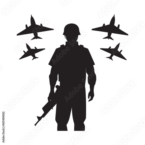 Soldier With Jets Overhead Silhouette Scene