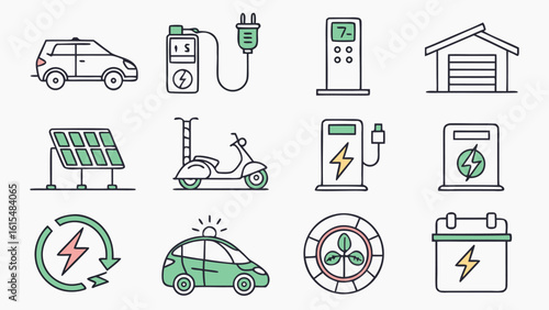 Electric Vehicles Icon Set – Vector Icons for EV Cars, Charging Stations, and Sustainable Transport