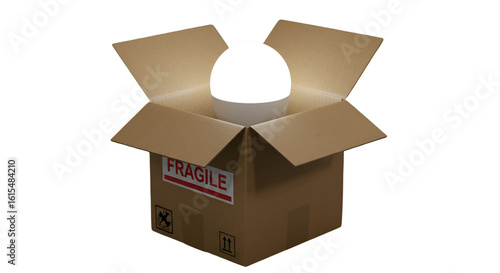 3D Render of a Glowing Sphere Inside an Open Cardboard Box on Isolated Background