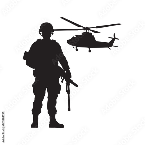 Soldier Watching Helicopter Takeoff Silhouette