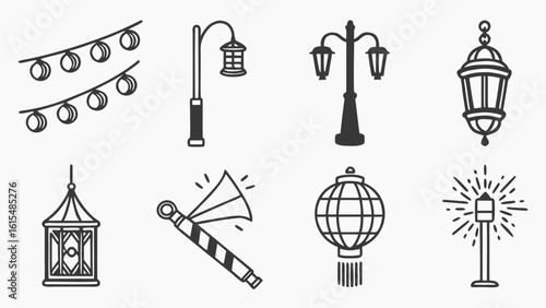 Festival Lights Icon Set – Vector Icons for Decorative Lighting and Festive Illumination