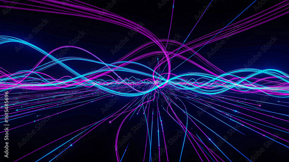 Abstract Neon Waveforms: Futuristic Digital Data Stream, Vibrant Pink and Blue Light Trails on Black Background. Abstract Neon Waveforms: Futuristic Digital Data Stream, Vibrant Pink and Blue Light Trails on Black Background.