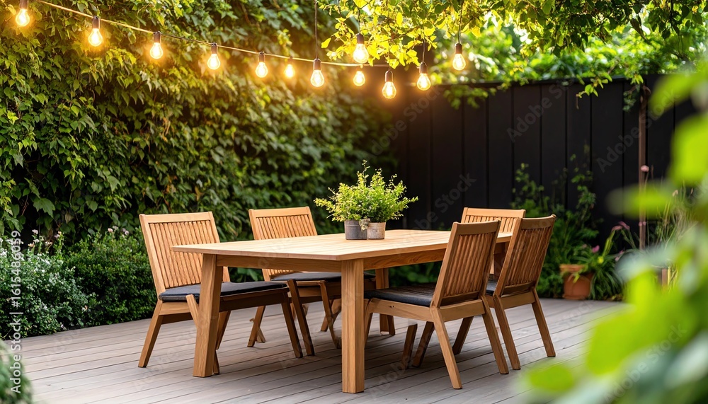 Fototapeta premium Outdoor Dining Set on Wooden Deck